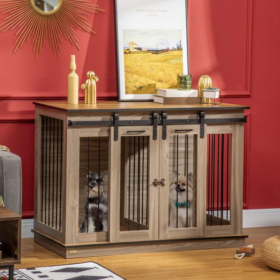 Meuble cage chien intérieur bois chêne séparateur amovible 2 portes 120cm