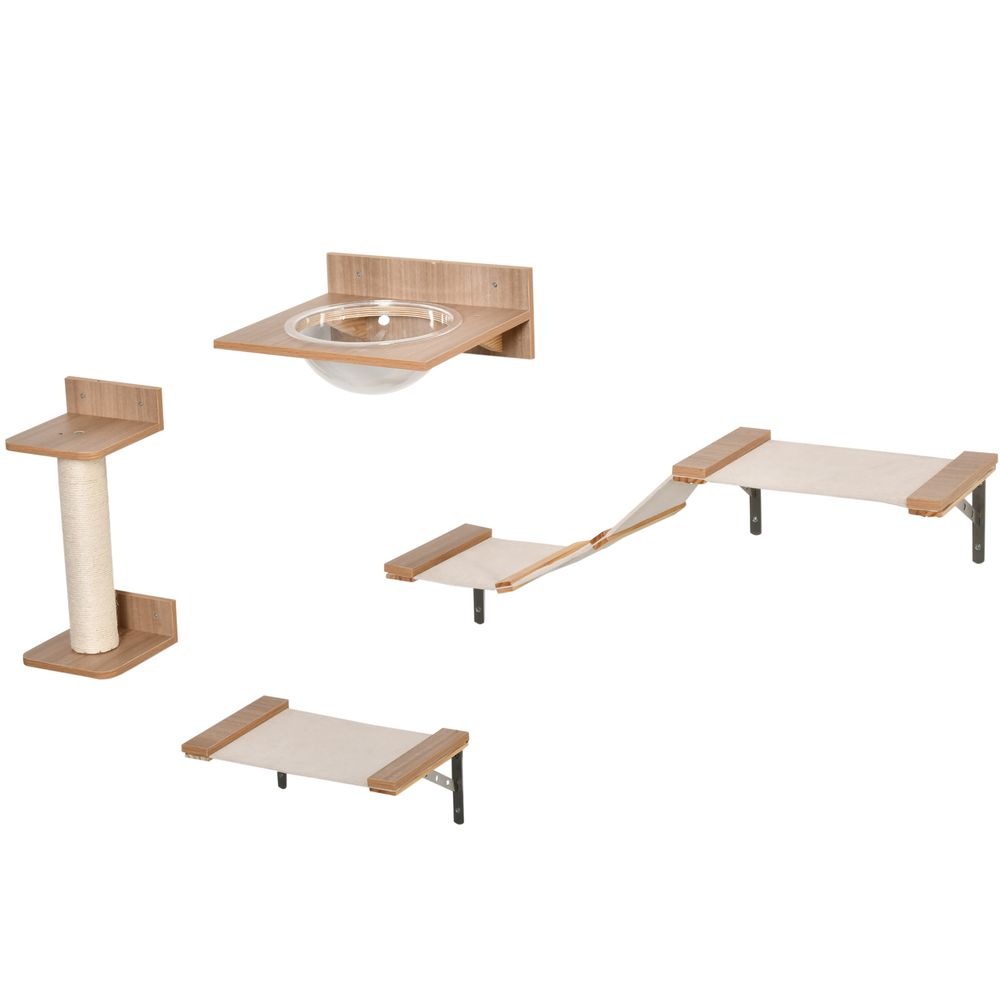 Parcours mural chat 4 pièces bois sisal jeu repos hauteur 100x25x17cm brun