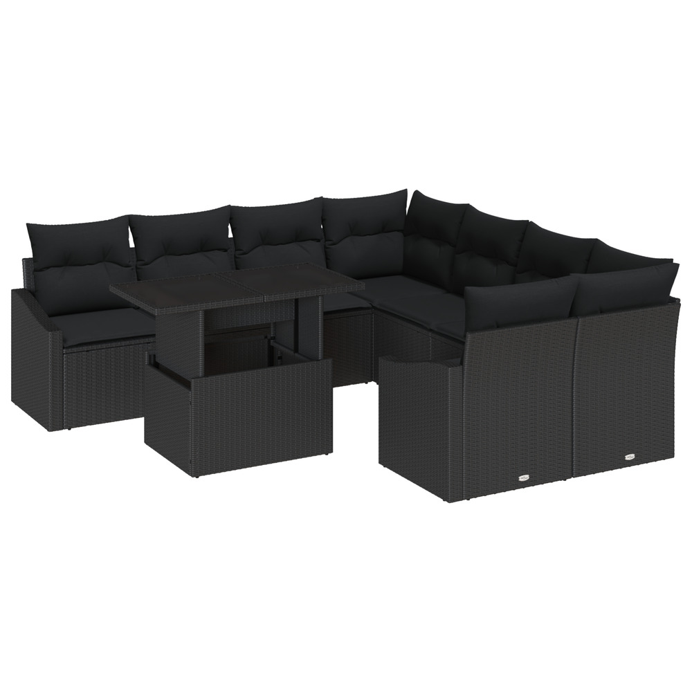 Ensemble de canapé de jardin 9 pièces avec coussins noir poly rattan