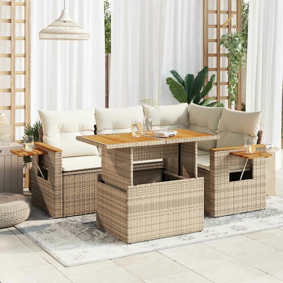 Salon de jardin avec coussins 5 pcs beige résine tressée acacia