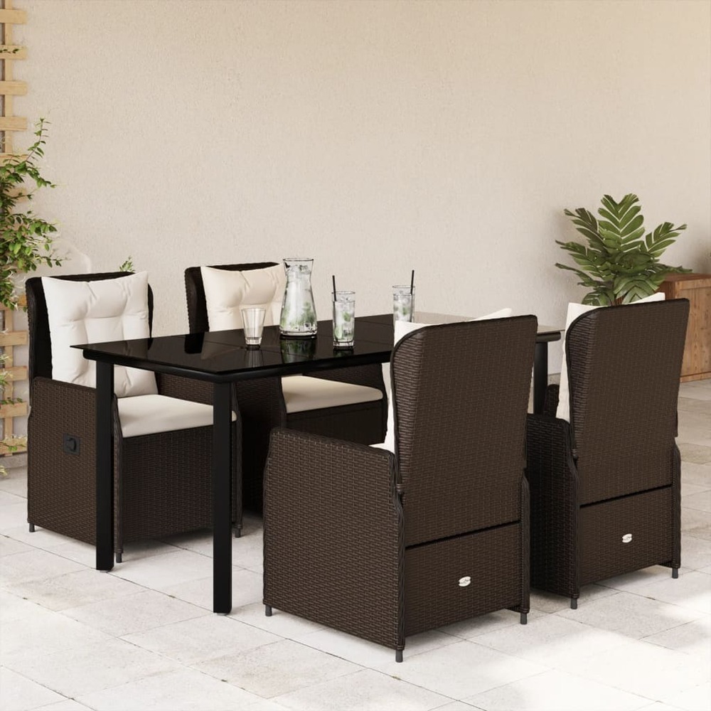 Ensemble à manger de jardin 5 pcs et coussins marron poly rotin