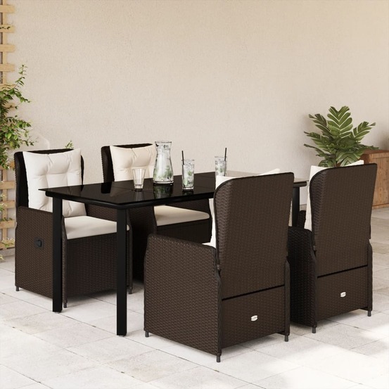 Ensemble à manger de jardin 5 pcs et coussins marron poly rotin