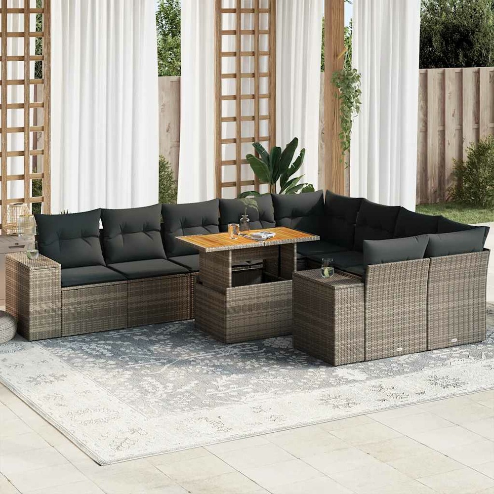 Salon de jardin avec coussins 10 pcs gris résine tressée acacia