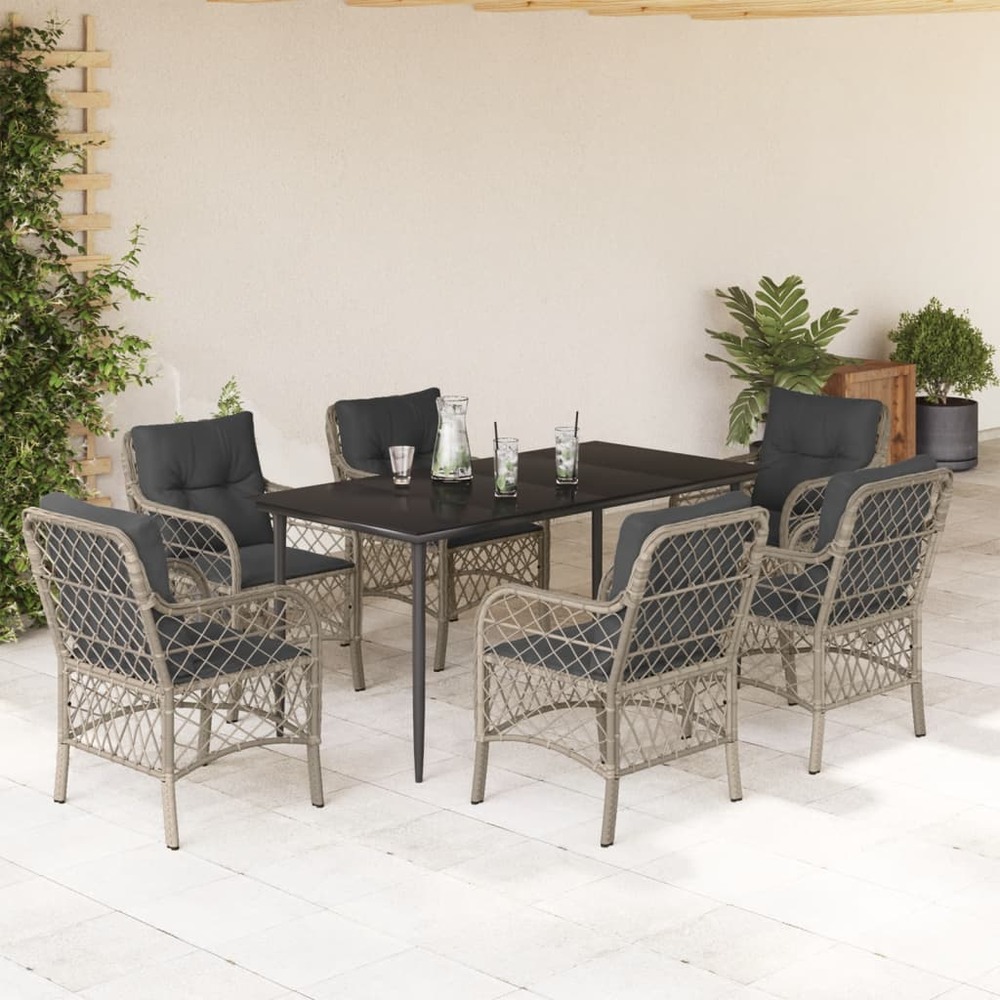 Ensemble à manger de jardin et coussins 7 pcs gris clair rotin