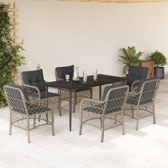 Ensemble à manger de jardin et coussins 7 pcs gris clair rotin