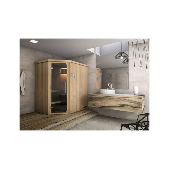 Cabine de sauna d'angle finlandais vitrée perhe 4 places 194x175 x h.199 cm