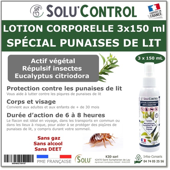 Solu control lotion répulsive anti punaise de lit 3x150 ml - spécial piqûres - protection 6-8h - sans deet - corps et visage