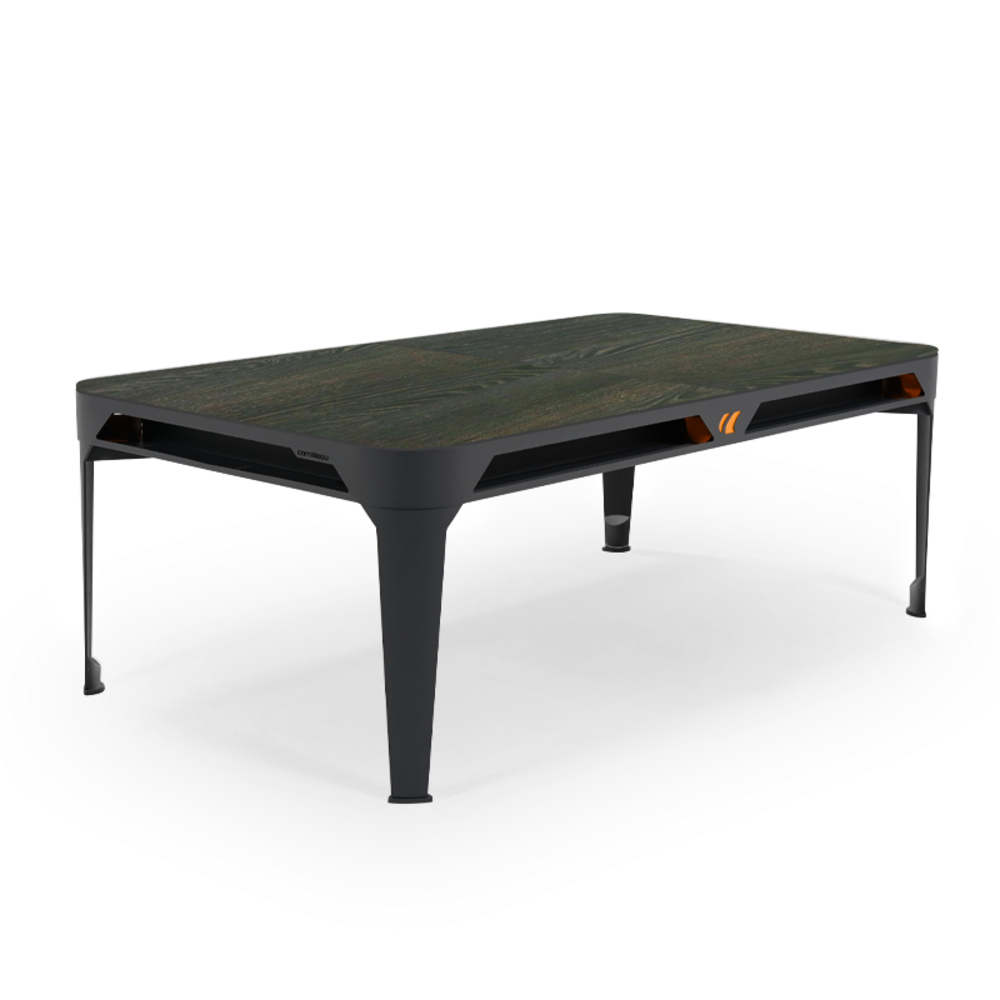 Billard d'extérieur convertible hyphen outdoor noir / tapis gris clair / réceptacles : terra cotta / plateaux : décor bois