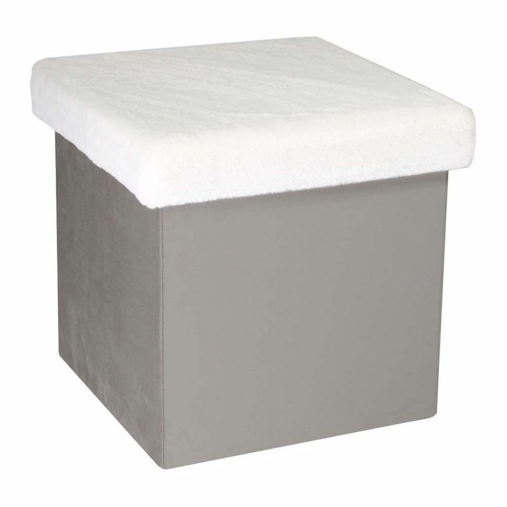 Pouf coffre de rangement bicolore imitation fourrure léo gris clair et blanc
