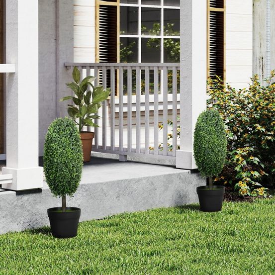 Lot de 2 topiaires artificiels buis rond 60cm pot ciment intérieur extérieur vert
