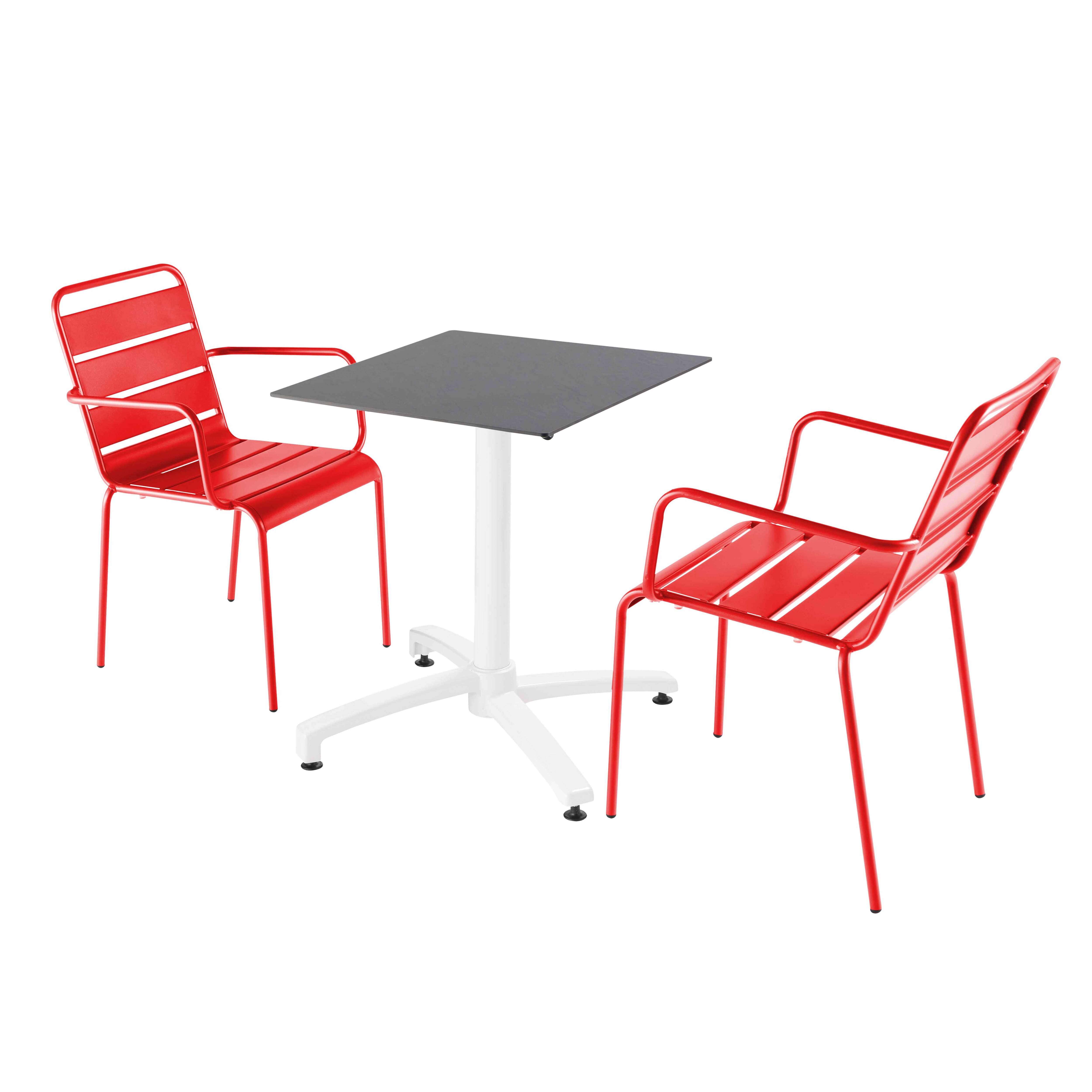 Ensemble table de terrasse stratifié ardoise et 2 fauteuils rouge