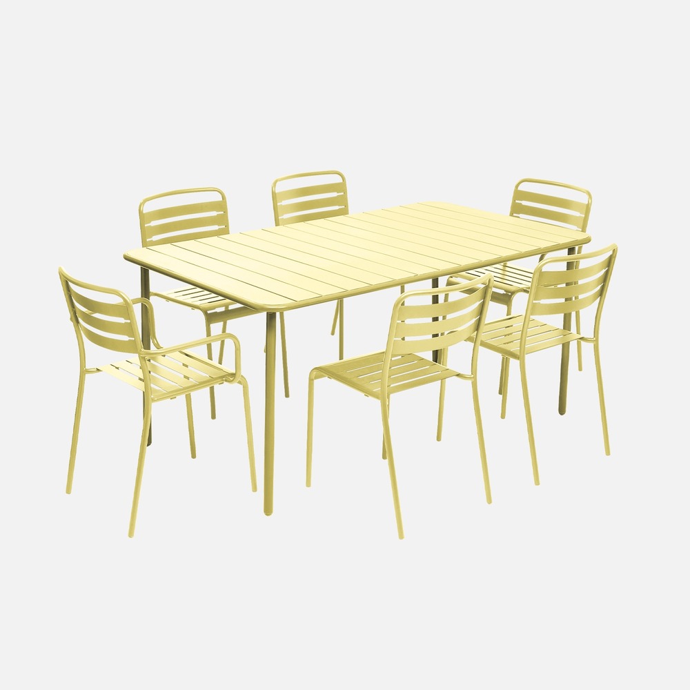 Table de jardin métal + 2 fauteuil et 4 chaises, acier traitement anti rouille, 160 x 90 x h 72.5cm