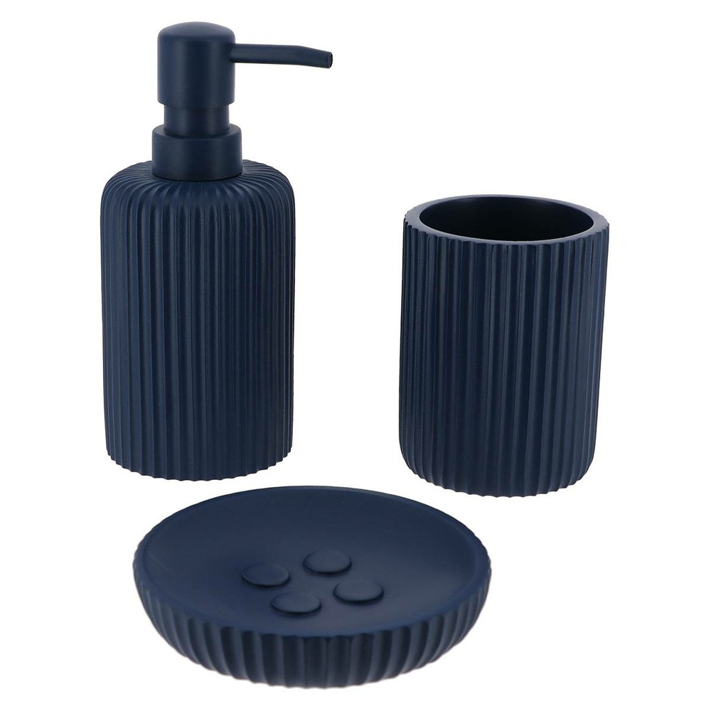 Set gobelet distributeur a savon et porte savon polyresine striee - bleu marine