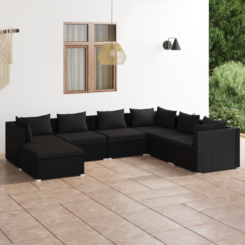 Salon de jardin meuble d'extérieur ensemble de mobilier 7 pièces avec coussins résine tressée noir