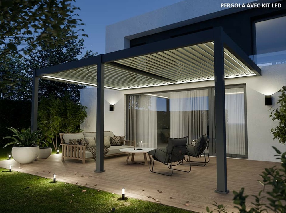 Pergola bioclimatique aluminium adossée 19m² - 3,6x5,3 - kit led inclus - anthracite - 34 lames en aluminium a 120 degrés - halo