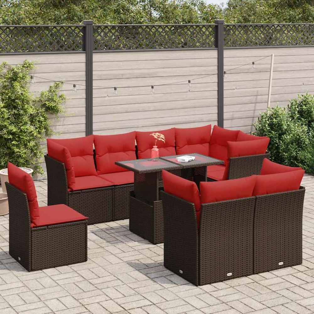 Salon de jardin avec coussins 9pcs marron résine tressée acacia