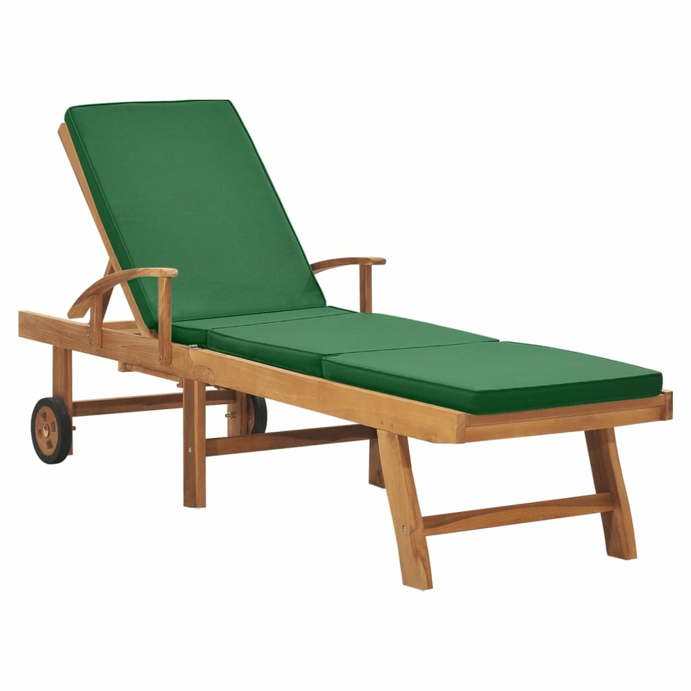 Transat chaise longue bain de soleil lit de jardin terrasse meuble d'extérieur avec coussin bois de teck solide vert 02_00124