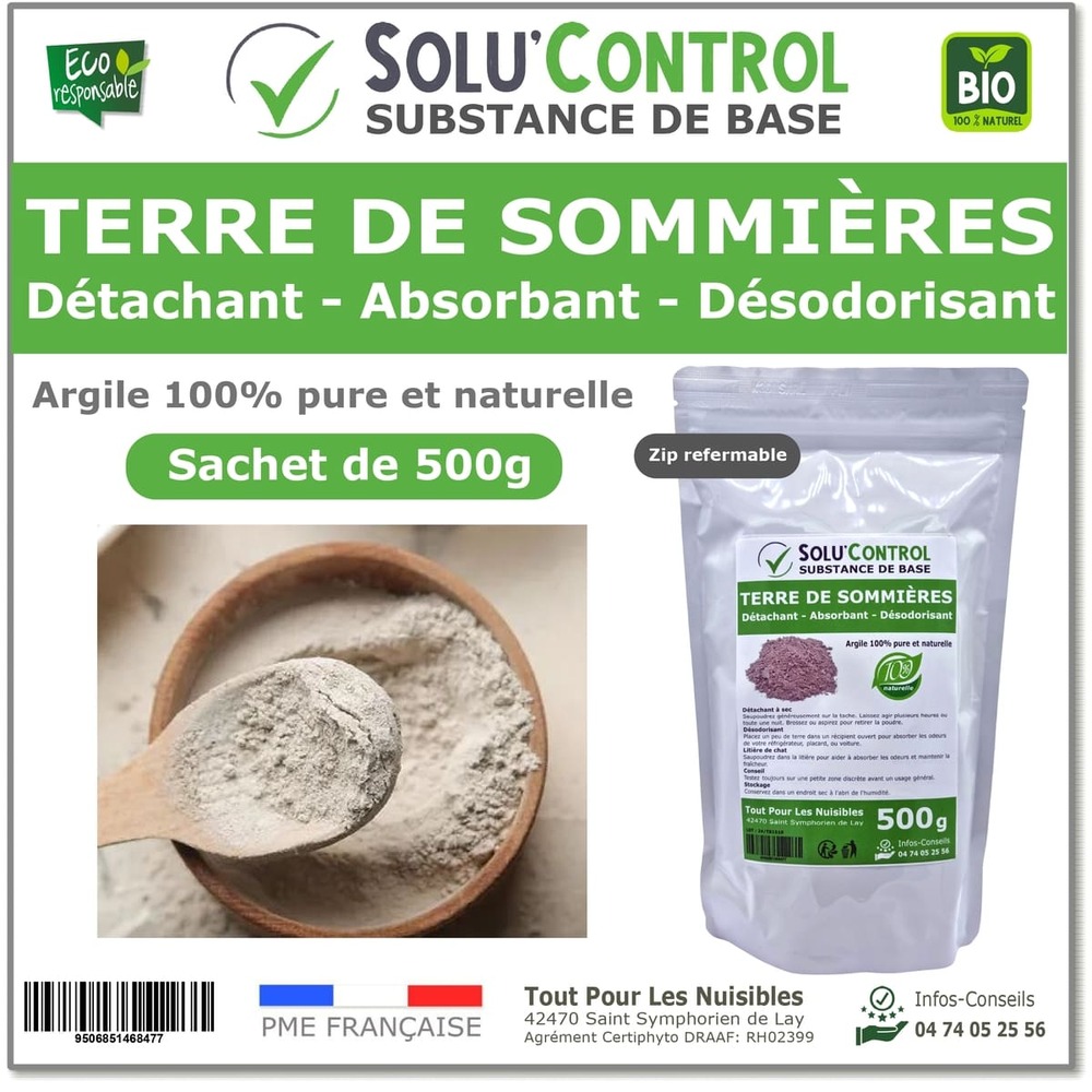 Terre de Sommières 500 g - Détachant Naturel et Absorbant - Élimine les Odeurs d'Urine, Litière de Chat, Tapis, Cendriers