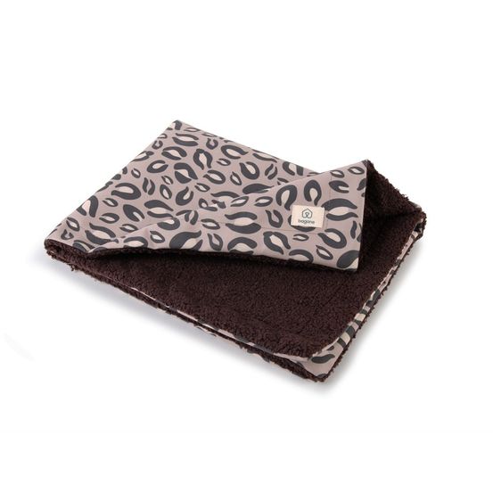 Montaigne - couverture pour chien / chat, bi-face en tissu motif léopard rose fauve et bouclette brownie, 80x60cm