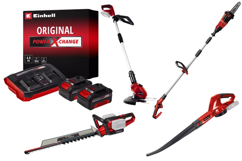 Kit jardin sans fil einhell – coupe-bordure, souffleur, taille-haies, ébrancheur + 2 batteries 4. 0ah
