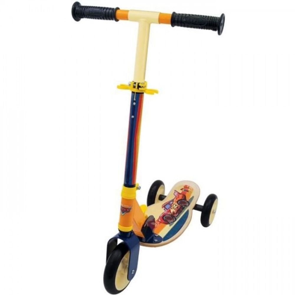 - cars - patinette pliable - 3 roues silencieuses - plateau bois - jaune et multicolore - trottinette avec guidon réglabl