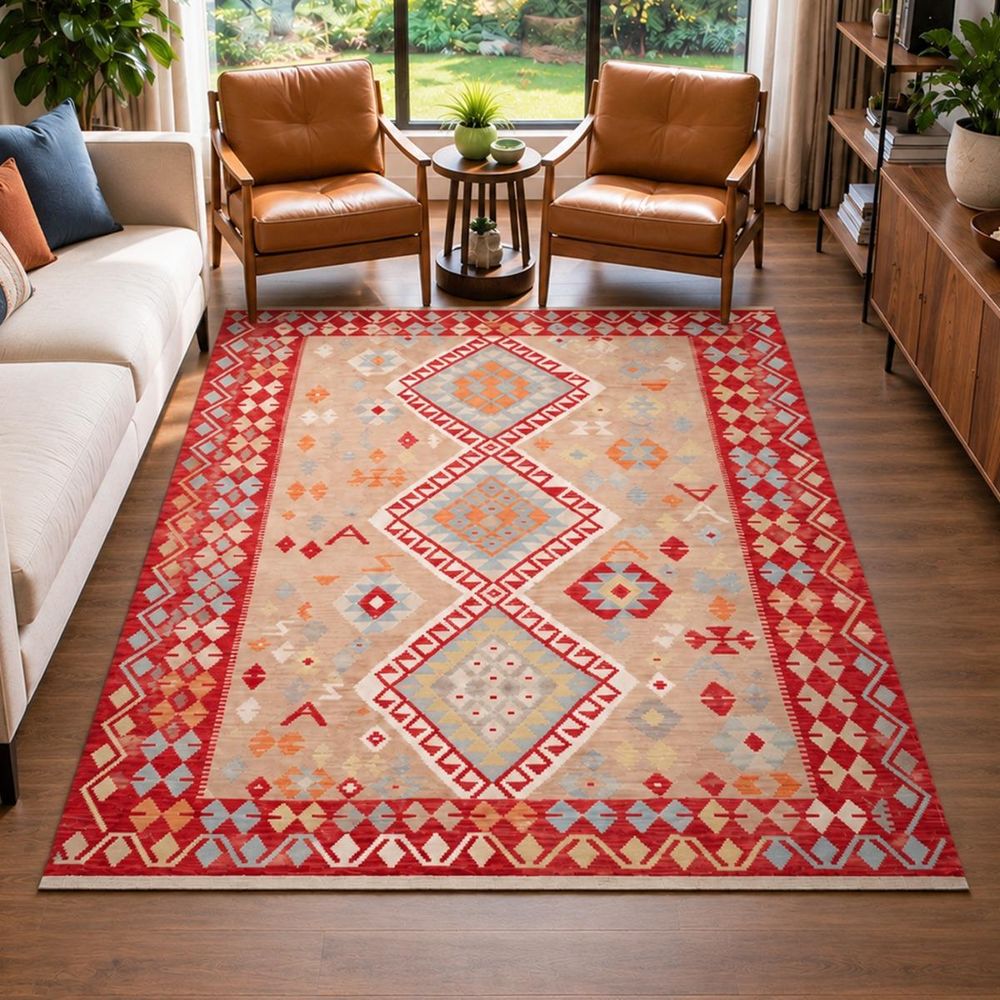 Tapis kilim 173 x 235 cm, multicolore beige rouge, en laine naturelle, kilim 93