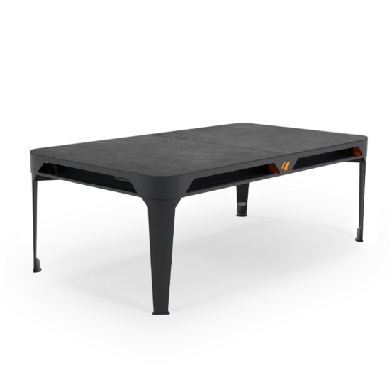 Billard d'extérieur convertible hyphen outdoor noir / tapis gris foncé / réceptacles : terra cotta / plateaux : décor minéral