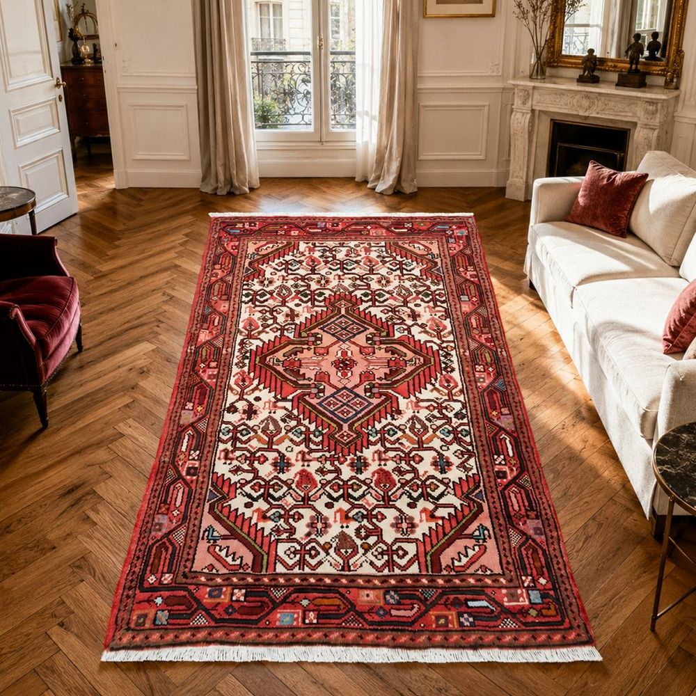 Tapis d'orient 71 x 122 cm, crème, rose, rouge, laine nouée à la main, hamadan 30