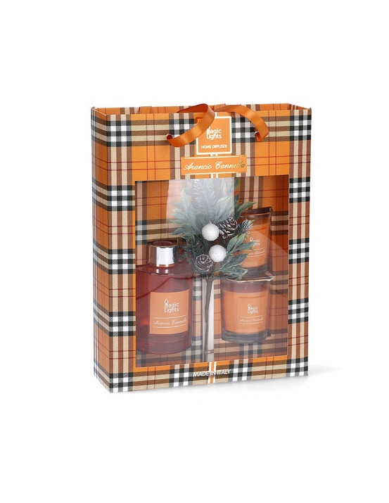 Étui diffuseur mikado + 2 bougies magic lights orange-canelle - magic lights