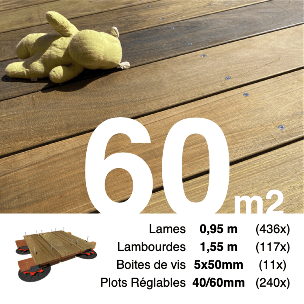 Kit complet terrasse bois exotique ipe pour 60 m², lames 0,95 m, lambourdes 1,55 m, plots réglables et visserie inox.