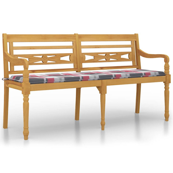 Banc batavia coussin à motif de carreaux rouges 150cm bois teck
