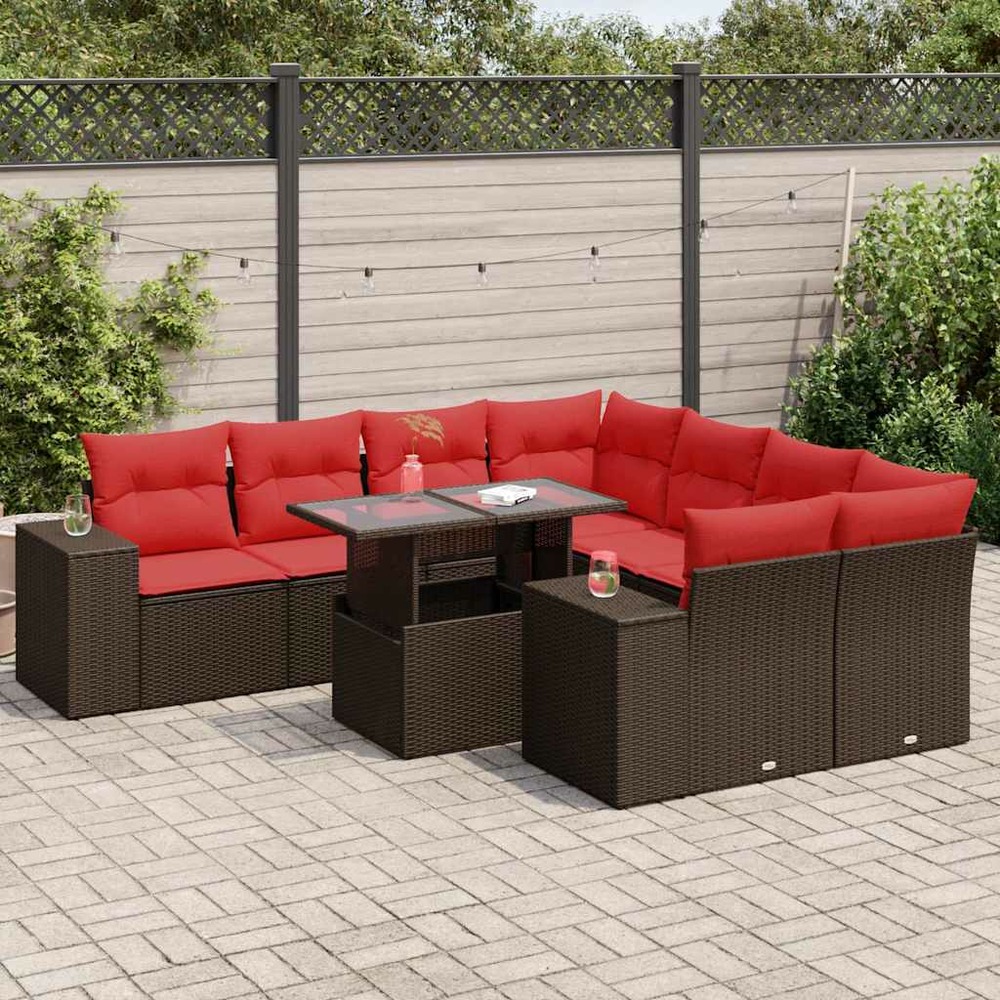 Salon de jardin avec coussins 9pcs marron résine tressée acacia