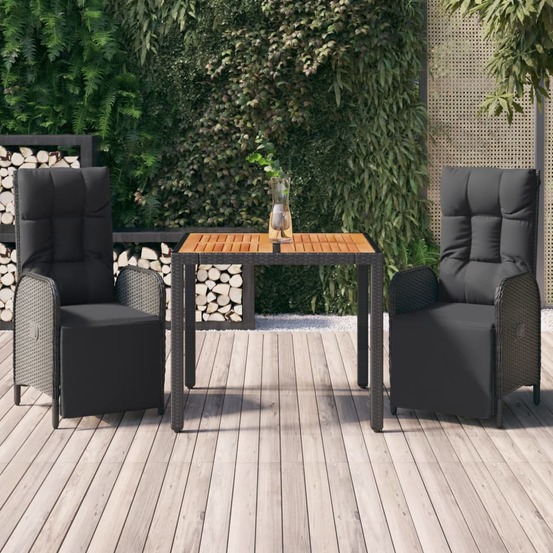Ensemble à manger de jardin avec coussins 3 pcs noir