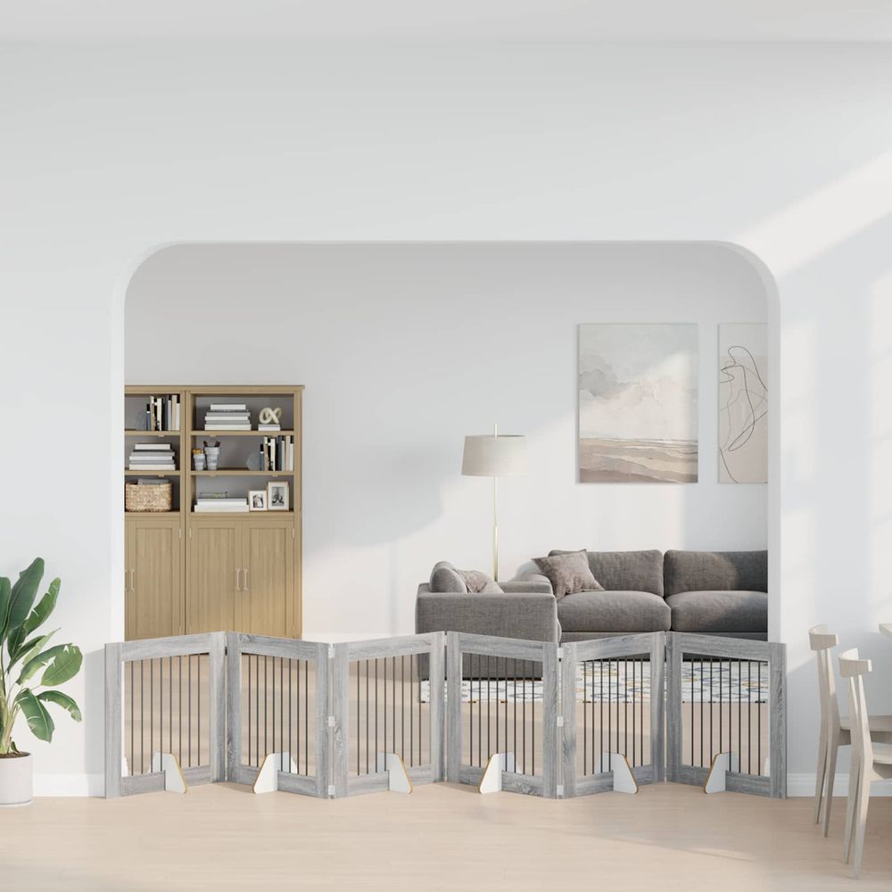 Barrière porte pour chien pliable modulable intérieur avec supports 6 panneaux 482x80cm sonoma gris