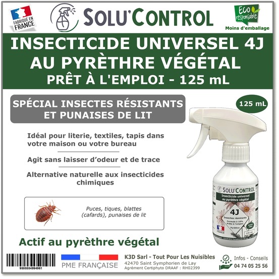Solu’control anti-insectes universel 4j au pyrèthre végétal – prêt à l’emploi 125 ml – spécial punaises de lit & insectes résistants