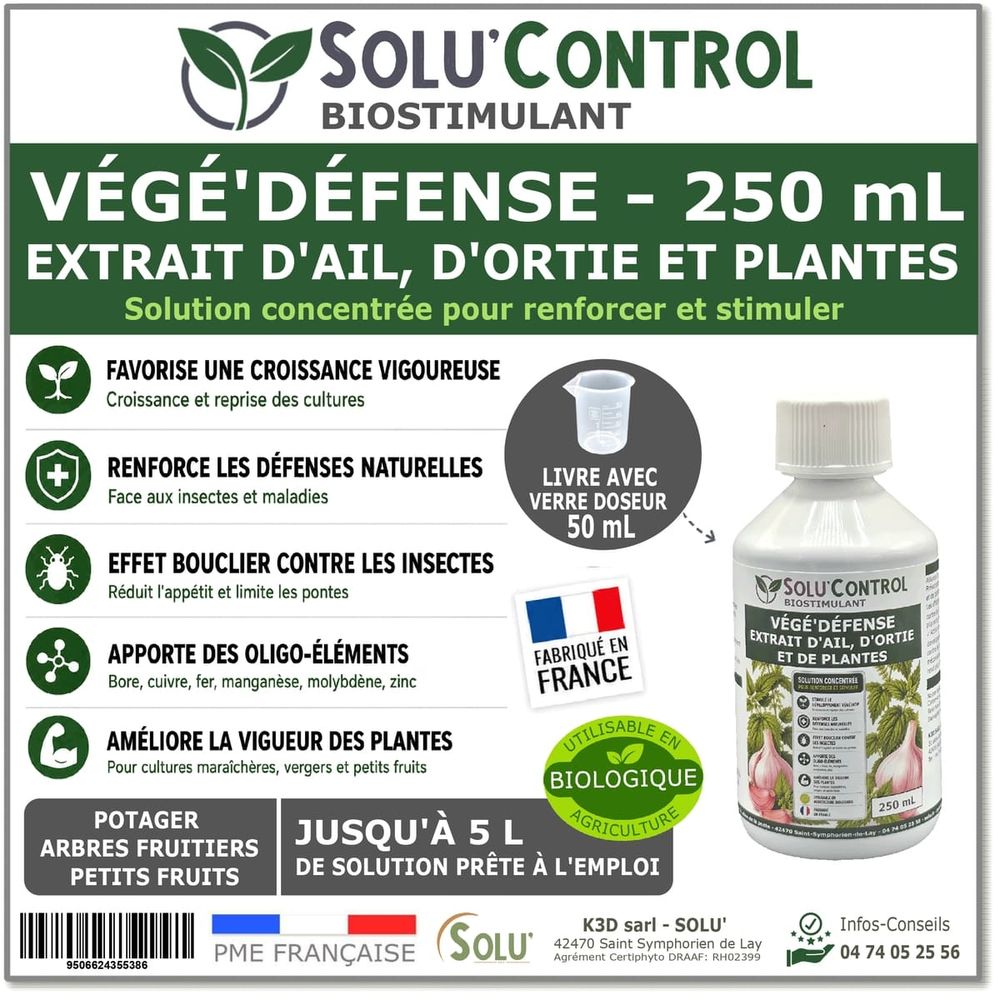 Biostimulant concentré à l'extrait d'ail, d'ortie et de plantes solu'control vége'défense – 250 ml – renforce les défenses naturelle