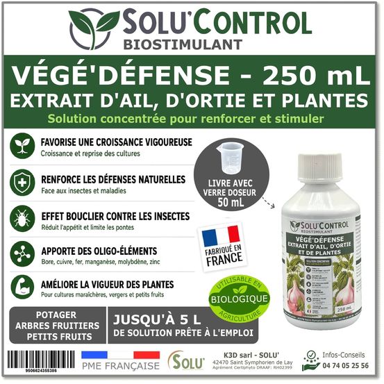 Biostimulant concentré à l'extrait d'ail, d'ortie et de plantes solu'control vége'défense – 250 ml – renforce les défenses naturelle