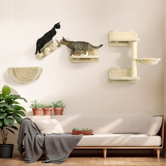 Kit arbre à chat mural 4 pièces sisal peluche parcours griffoir beige - comfortxl pet living