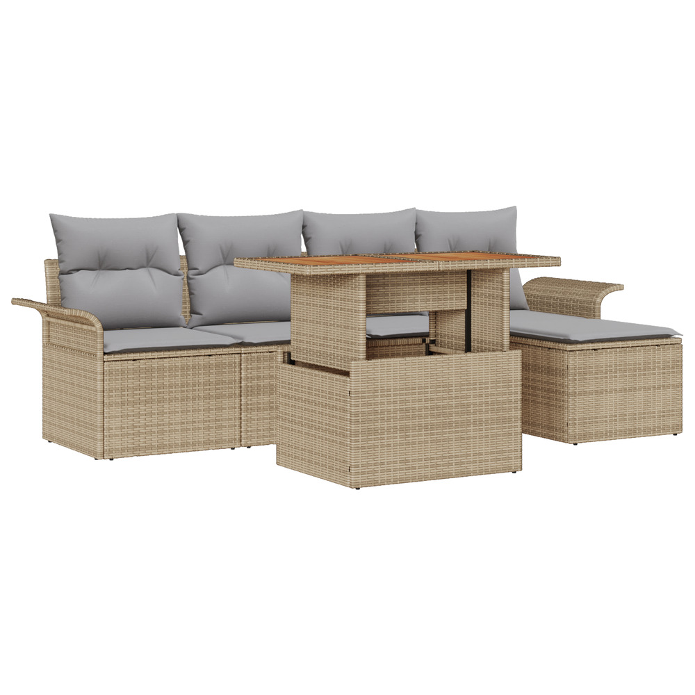 Ensemble de salle à manger de jardin 6 pièces avec coussins beige en rattan poly acacia
