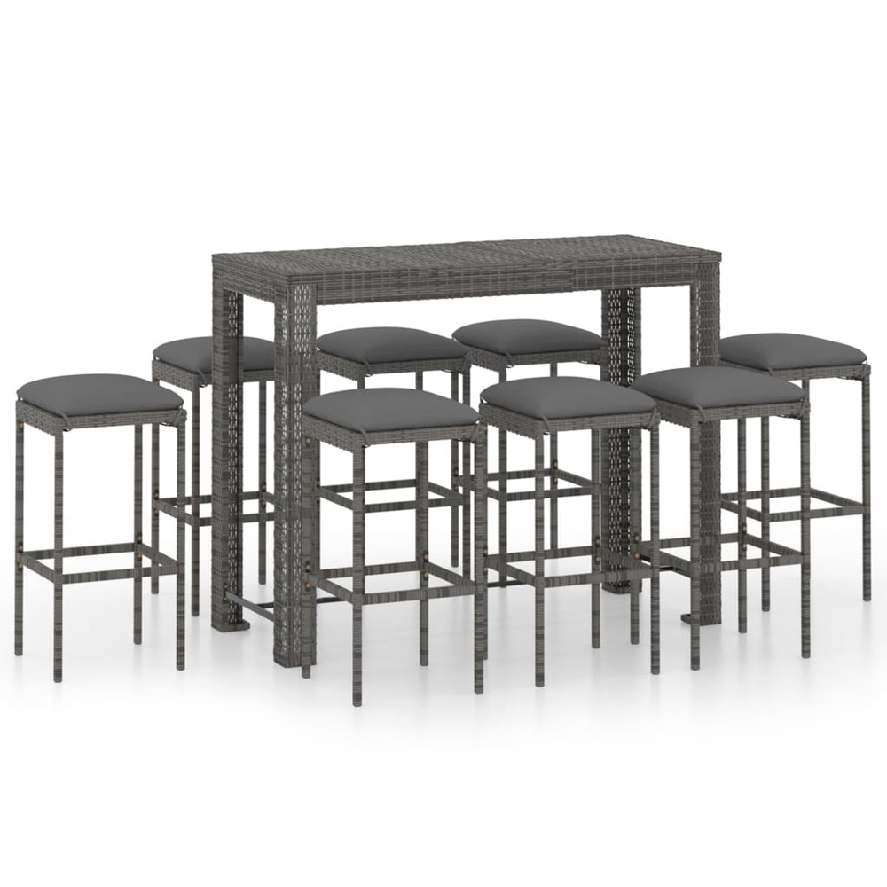 Ensemble de bar de jardin 9 pcs et coussins résine tressée gris