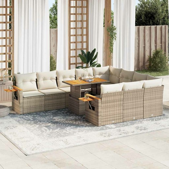Salon de jardin 11pcs avec coussins beige résine tressée acacia