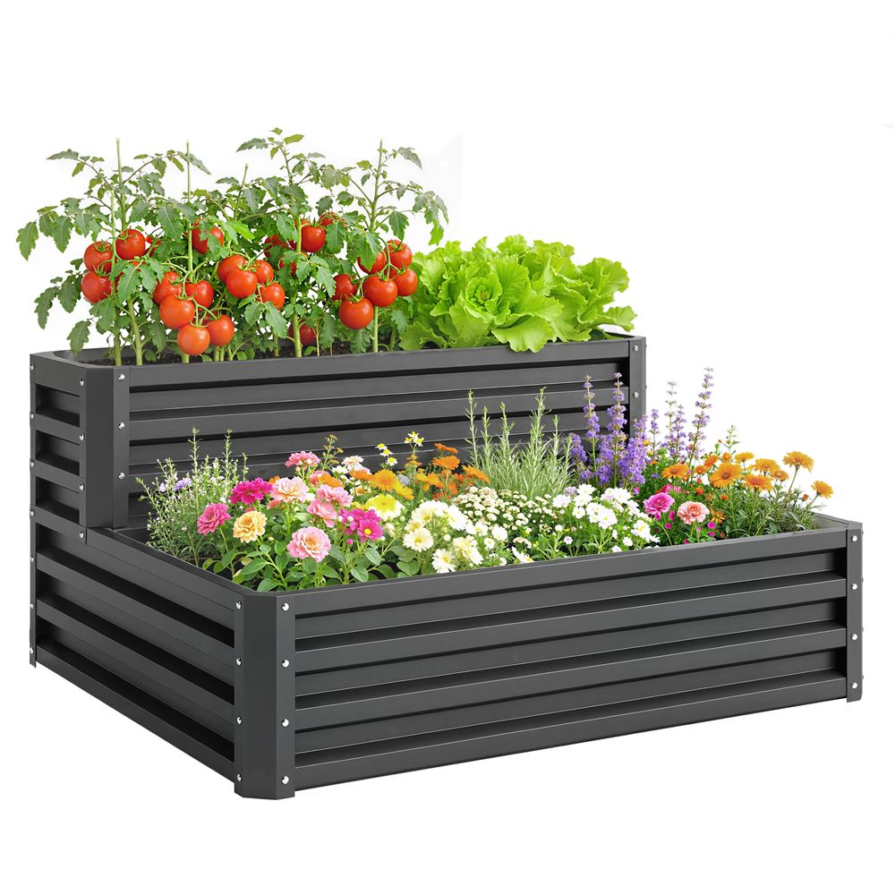 Potager surélevé 2 niveaux acier jardin plantation sans fond 120x101x58cm gris