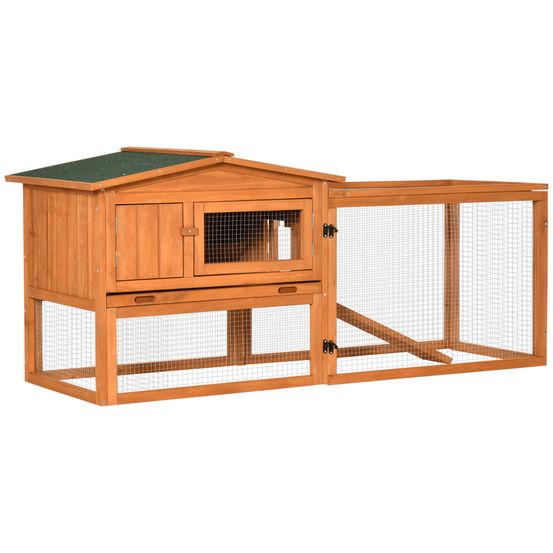 Cage à lapins bois extérieur 2 étages avec enclos amovible toit ouvrant orange