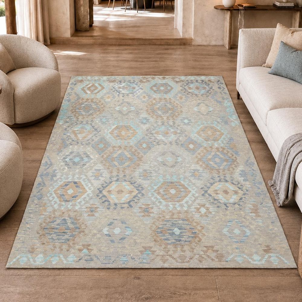 Tapis kilim 204 x 298 cm, géométrique, gris, beige et bleu, en laine, kilim 100