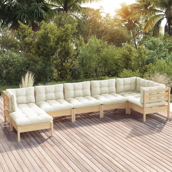 Salon de jardin 7 pcs avec coussins crème bois de pin massif
