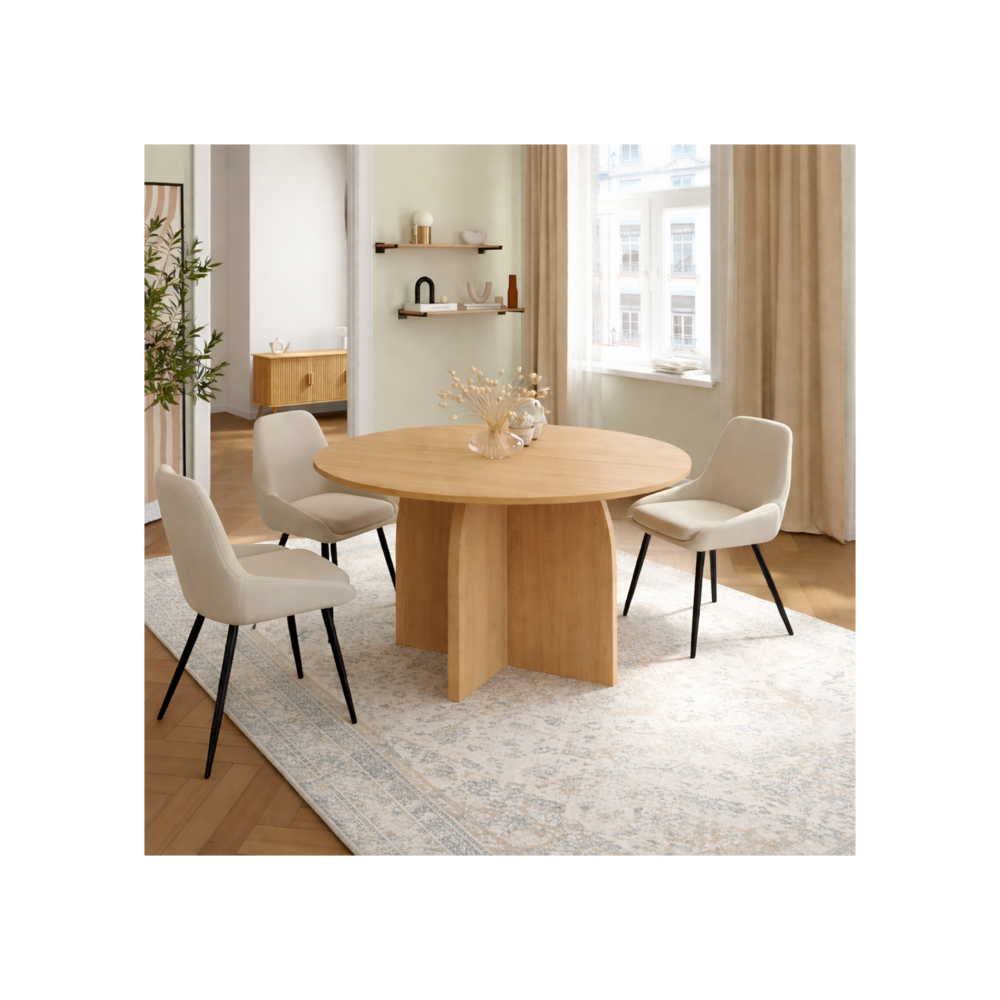 Table à manger fixe japandi ronde edith 6 personnes bois effet hêtre 110 cm