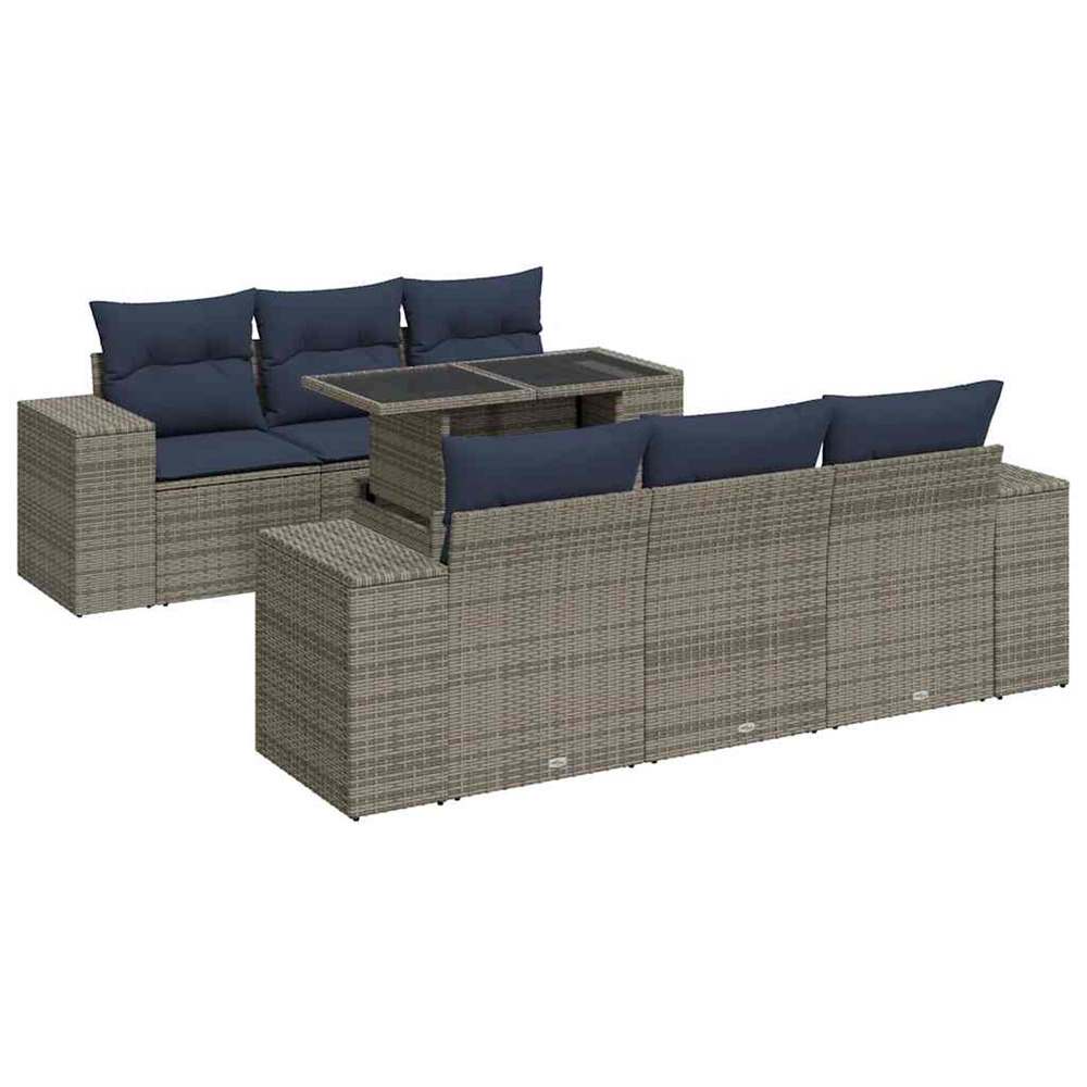 Salon de jardin avec coussins 7 pcs gris résine tressée acacia