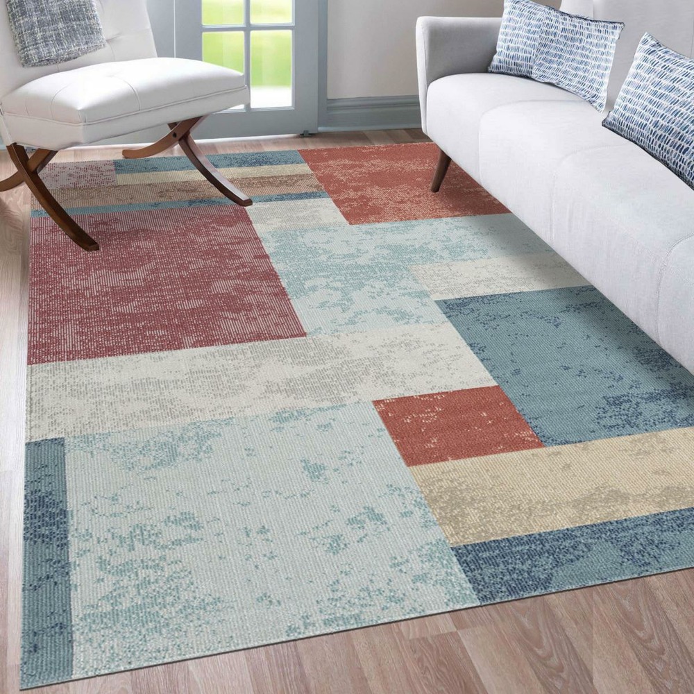 Tapis extérieur 160x220 tissé kilim bleu et orange soyeux c