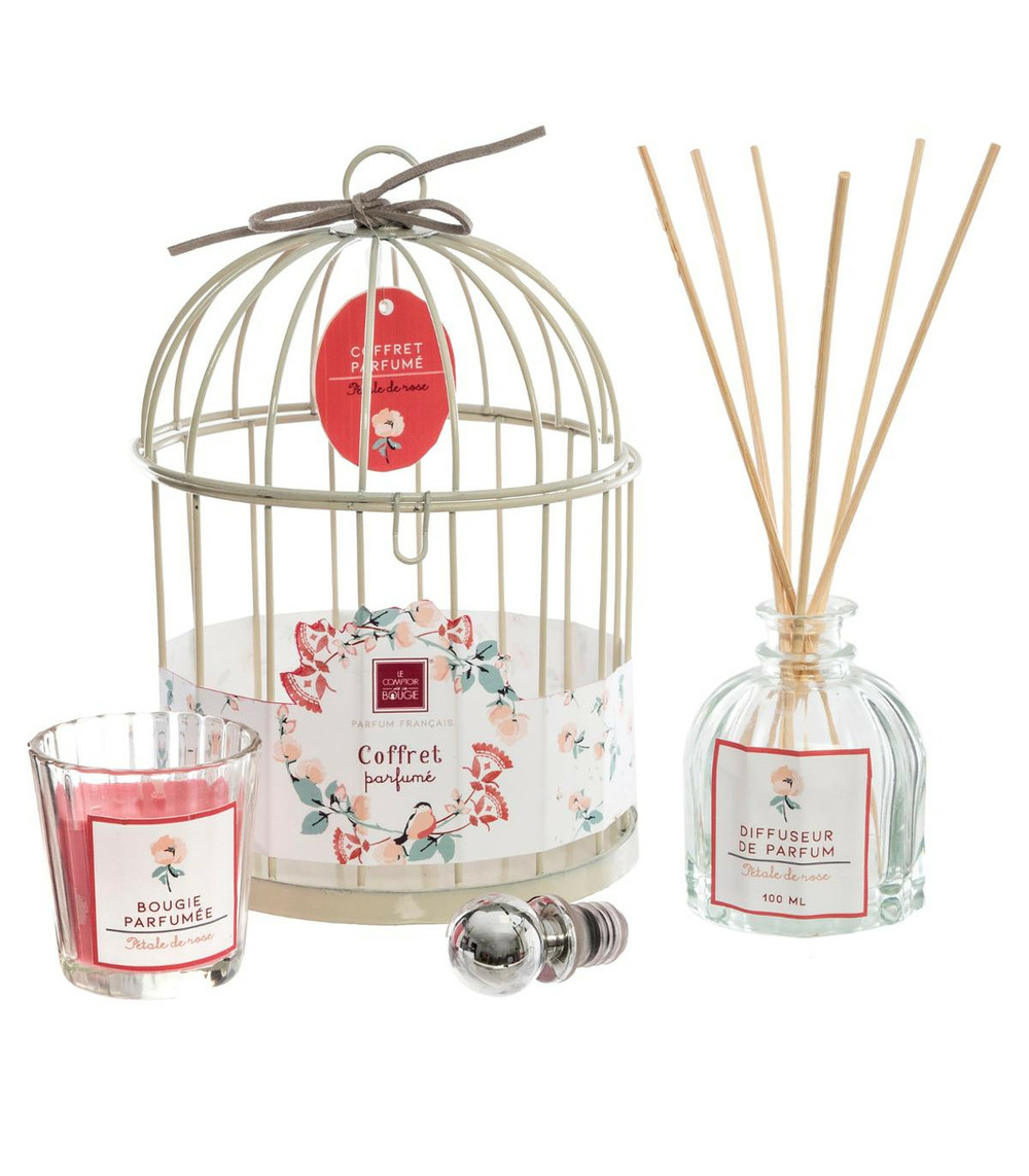 Coffret senteur poésie cage en métal , diffuseur de parfum et bougie parfumée