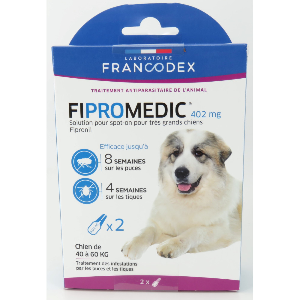 2 pipettes fipromedic 402 mg antiparasitaire pour très grand chiens de 40 k